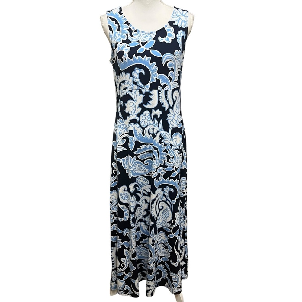 Talbots Jersey Knit Maxi Dress Dynamic Paisley Blue Sleeveless Size Medium NWT - Picture 2 of 14
